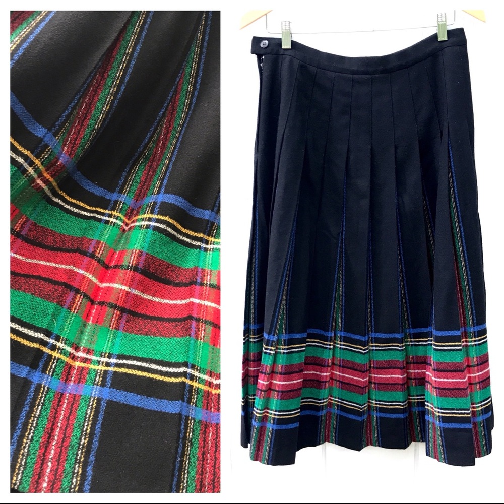 Vintage Pendleton Holiday Tartan Plaid Pleated Wool Midi Skirt